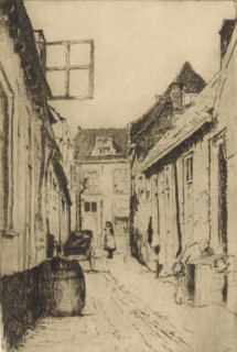 Street in Voorburg (original title), print, In the foreground a rain barrel by a house with an open
