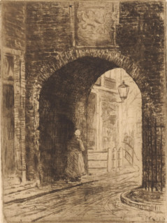 Gevangenpoort in The Hague, print, A woman walks under the gate., printmaker: Willem Adrianus