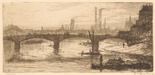 London (original title on object), print, A bridge over the Thames in London. In the background the