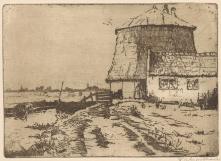 Windmill without sails in Voorburg, print, Meadow in the background., printmaker: Willem Adrianus