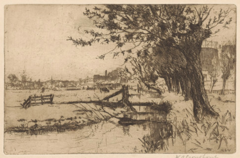 Ditch near the Municipal Gasworks in the Binckhorst in The Hague, print, Left a meadow with a