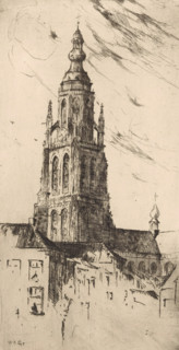 Tower of the Grote Kerk in Breda, Nieuwe Kerk in Delft (former title), print, printmaker: Willem