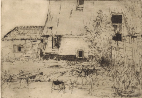 Base of a windmill in Voorburg, print, In the foreground a landing stage on a bank., printmaker: