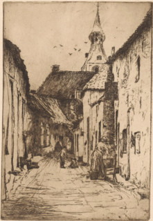 Hattem (original title), print, Figures in a street in Hattem. In the background the tower of the