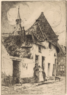 Hattem (original title), print, Two women on the street. In the background the tower of a church.,