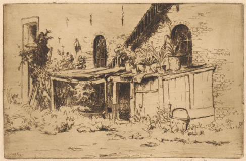 Chicken coop in a garden in Voorburg, print, Pots with plants stand on the chicken coop.,