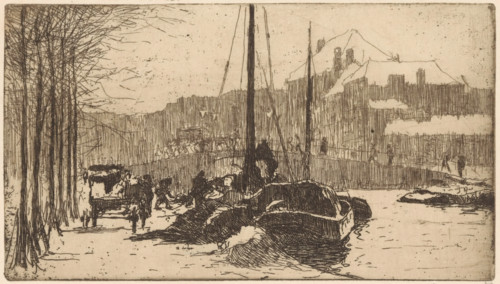 Snow in the city (original title), print, Moored boats at a snowy quay in The Hague. In the
