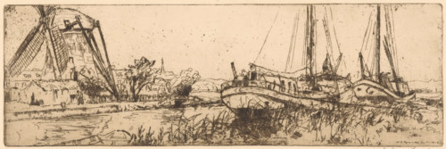 De Vliet (original title), print, A windmill along the Vliet near The Hague. Two moored ships on