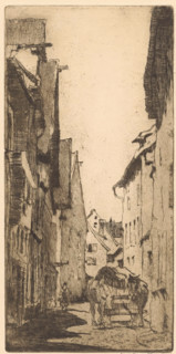 Ulm (original title on object), print, A street in Ulm, Germany with a horse-drawn cart.,