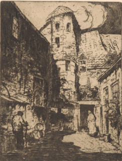 Street in Deventer, print, A man and a woman in a street where a clothesline is stretched between