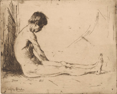 Sitting, naked man, print, printmaker: Willem Adrianus Grondhout (signed by artist), 1888 - 1931,