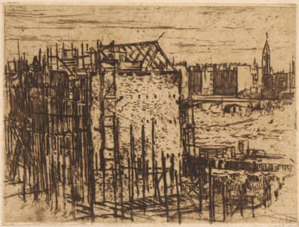 Houses under construction, print, Construction site with scaffolding for houses. On the right in