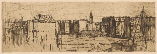 View of Amsterdam with houses under construction, print, In the foreground a construction site. In