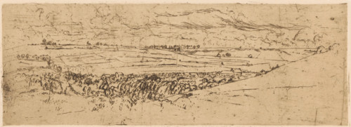 Rolling landscape with village, print, printmaker: Johannes Löhr, 1892 - 1928, paper, etching,