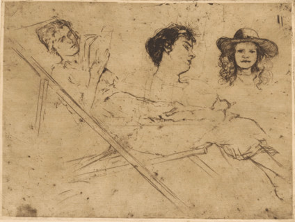 Study of a woman in a deck chair and two heads, print, Left a reading woman in a deck chair with a