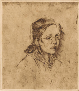 Face of a young woman with glasses, print, printmaker: Johannes Löhr, 1892 - 1928, paper, etching,