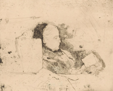 Portrait of Mrs Wilhelmina, print, A seated woman with glasses reading a book., printmaker: