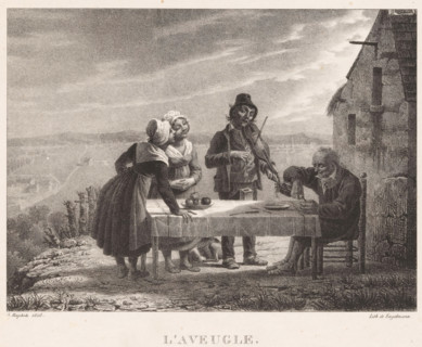 The blind man, Blind violinist plays for a man and two women, Artists and beggars, print,