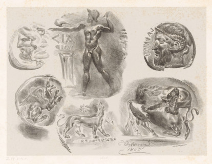 Studies of six antique medals, print, stamp: 'Lemercier, Imps. lithographe à Paris, État de la