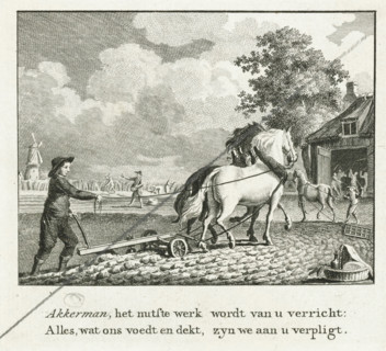 Farmer with plow and two horses, print, book illustration, Illustration for the letter A in the