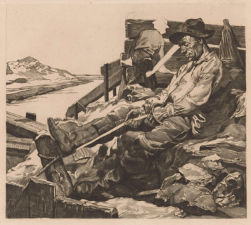 Workers at work at a sand quarry (former title), Two workers at a sand quarry, print, Two men in