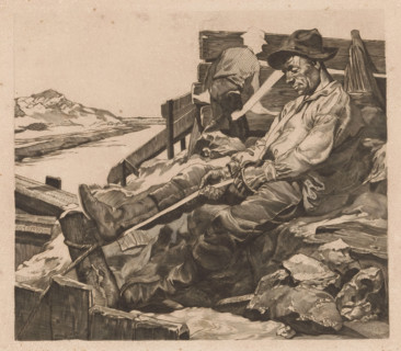 Two workers at a sand quarry, print, Two men in work clothes and with hats. In the foreground, a