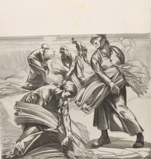 Corn Harvest, Compositions with Mowing Women (former title), print, Men and women with bundles of