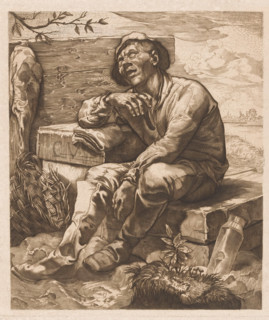 Sleeping polder boy, print, A man in work clothes and with a hat, sitting and sleeping on a wooden
