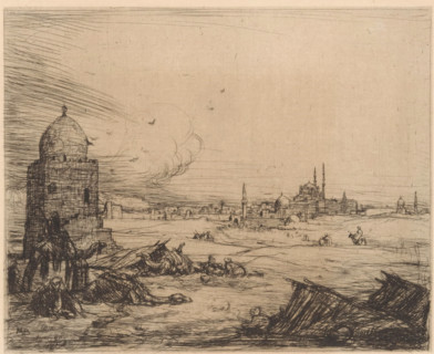 City view with mosques, print, A view of a city with various mosques. On the left in the