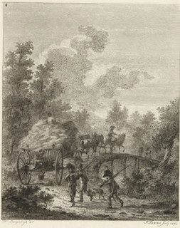 Hay wagon driving over a bridge, Six landscapes with soldier staff, print, Series number, 4, 6, A