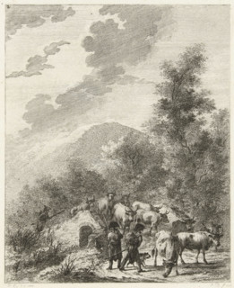 Soldiers driving a herd of cows across a bridge, Six landscapes with soldier staff, print, Series
