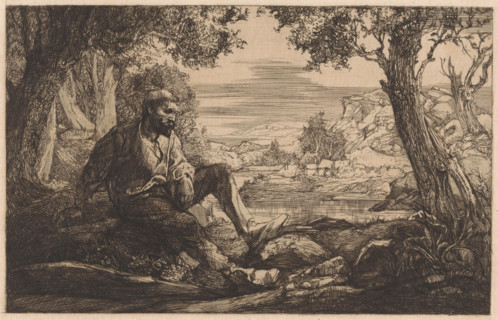 Sitting man in hilly landscape, Vagabond in landscape (former title), print, A bearded man sits on