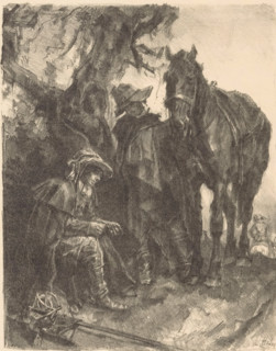 Standing and sitting man by a saddled horse, print, printmaker: Johannes Hendricus Jurres (signed