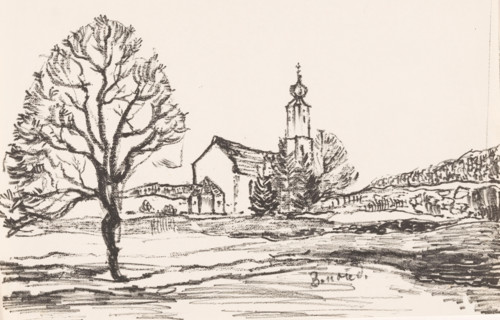 Bernried (original title on object), print, A church with an apse in a landscape with multiple