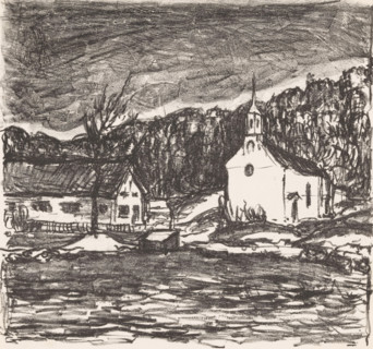 Hill landscape with church, Starnberger See (original title), print, A church and a house on a