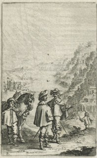 Riders in a mountain landscape, print, book illustration, Two riders in a mountain landscape, on