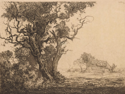 House in heath landscape, print, A house with a thatched roof in an open landscape with a few trees