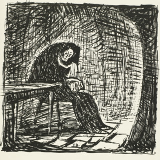 Poor old woman (original title on object), print, Woman in a cloak sitting next to a table in a