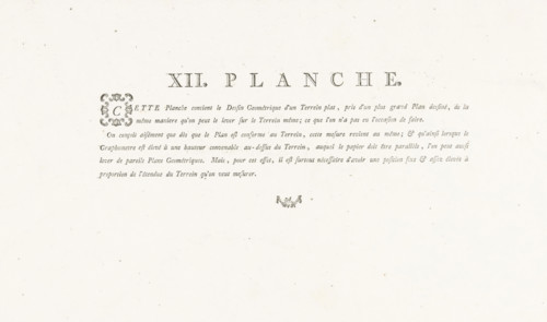 Text sheet accompanying a detailed map of a river bend, XII. Planche, print, text sheet,