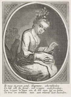 Sitting woman doing needlework, print, A young woman is sitting and sewing. Below the image, an
