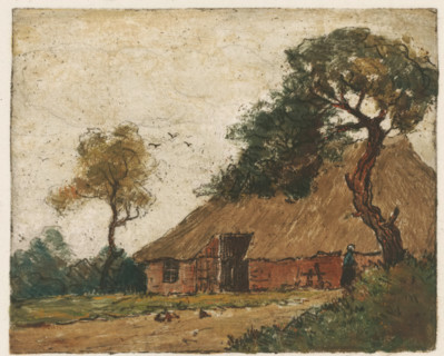 Farm, print, Farm with a tree and figure on the right., printmaker: Roelf Takens (signed by