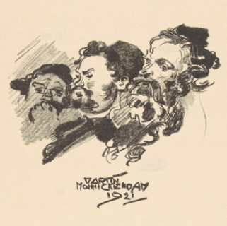 Reproduction of: Study of three male heads, reproduction, annotation: 'from: Cat. Ext. sch. 10 III