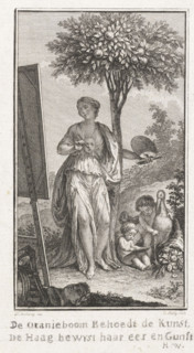 The Orange Tree Protects Art, print, A female painter stands painting outdoors behind an easel. She