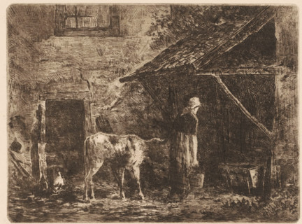 Woman with calf, print, printmaker: Willem van der Vliet (signed by artist), Netherlands, 1866 -