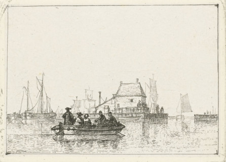 River view with rowboat near harbor pier, print, River view with rowboat on inland water near a