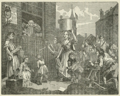 Street scene, print, book illustration, A violinist in a window frame holds his ears tightly closed