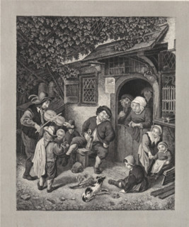 The Traveling Violinist in front of a farmhouse, Violinist in front of an inn, print, A man with a