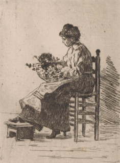 Woman with flowers on her lap, print, The woman is sitting on a chair. One of her legs rests on a