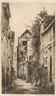 Alley in Leiden, print, A woman is walking in the alley. Next to her is a lamppost., printmaker: