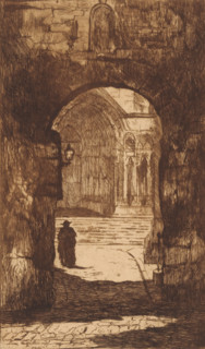 Chartres (original title on object), print, A gate with a statue of Mary with child in a niche in
